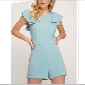 EUC She + Sky Knit Ruffle Flounce Romper Mint Green/Blue Size Small